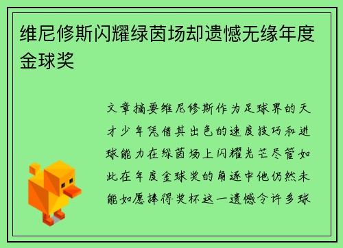 维尼修斯闪耀绿茵场却遗憾无缘年度金球奖